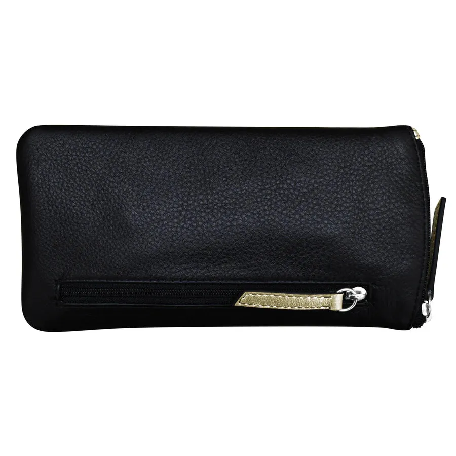 ILI New York Leather Eyeglass Case Zippered Glasses Wallet Black Light Gold NEW
