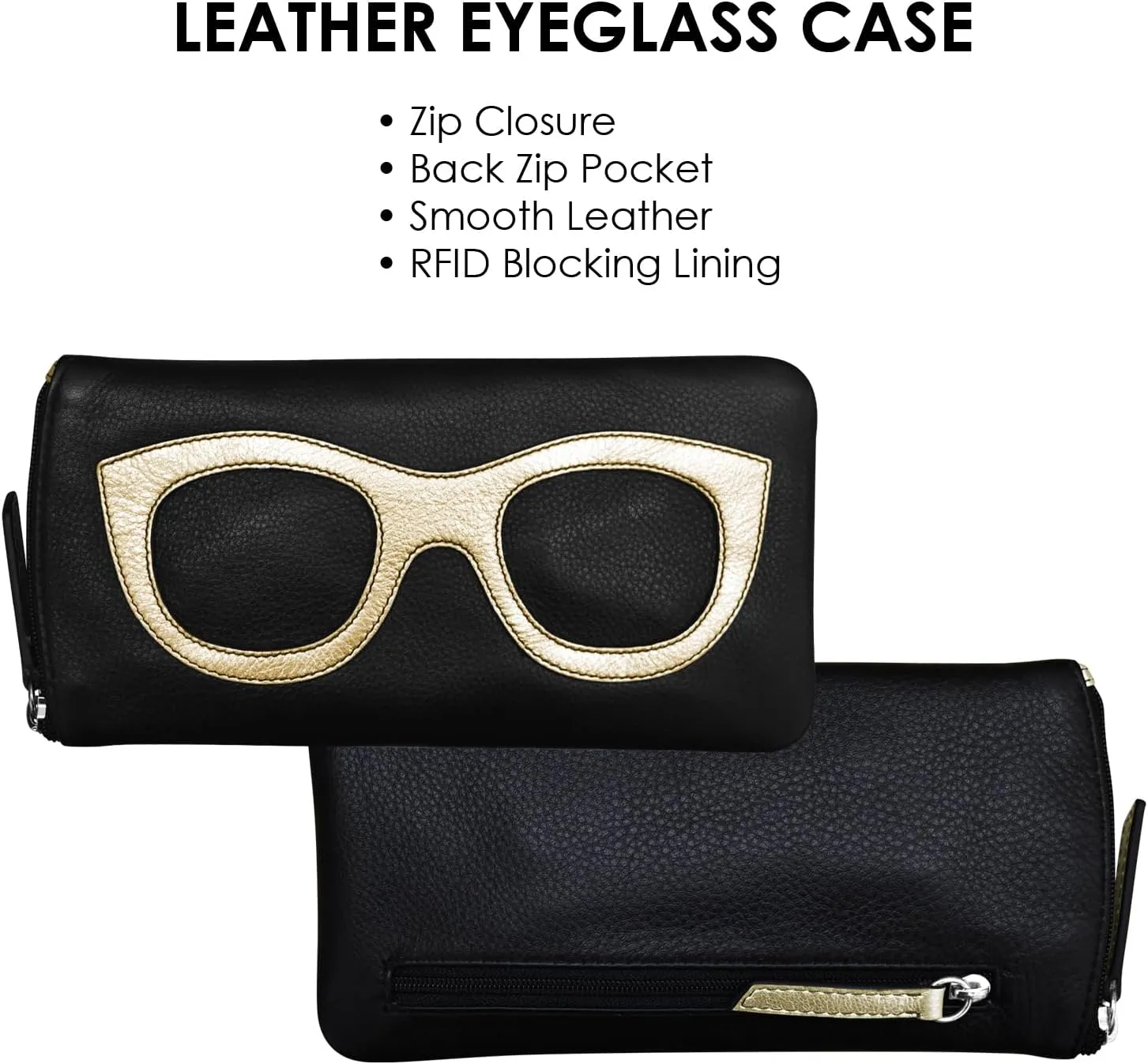 ILI New York Leather Eyeglass Case Zippered Glasses Wallet Black Light Gold NEW