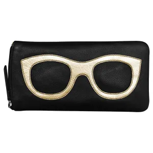 ILI New York Leather Eyeglass Case Zippered Glasses Wallet Black Light Gold NEW