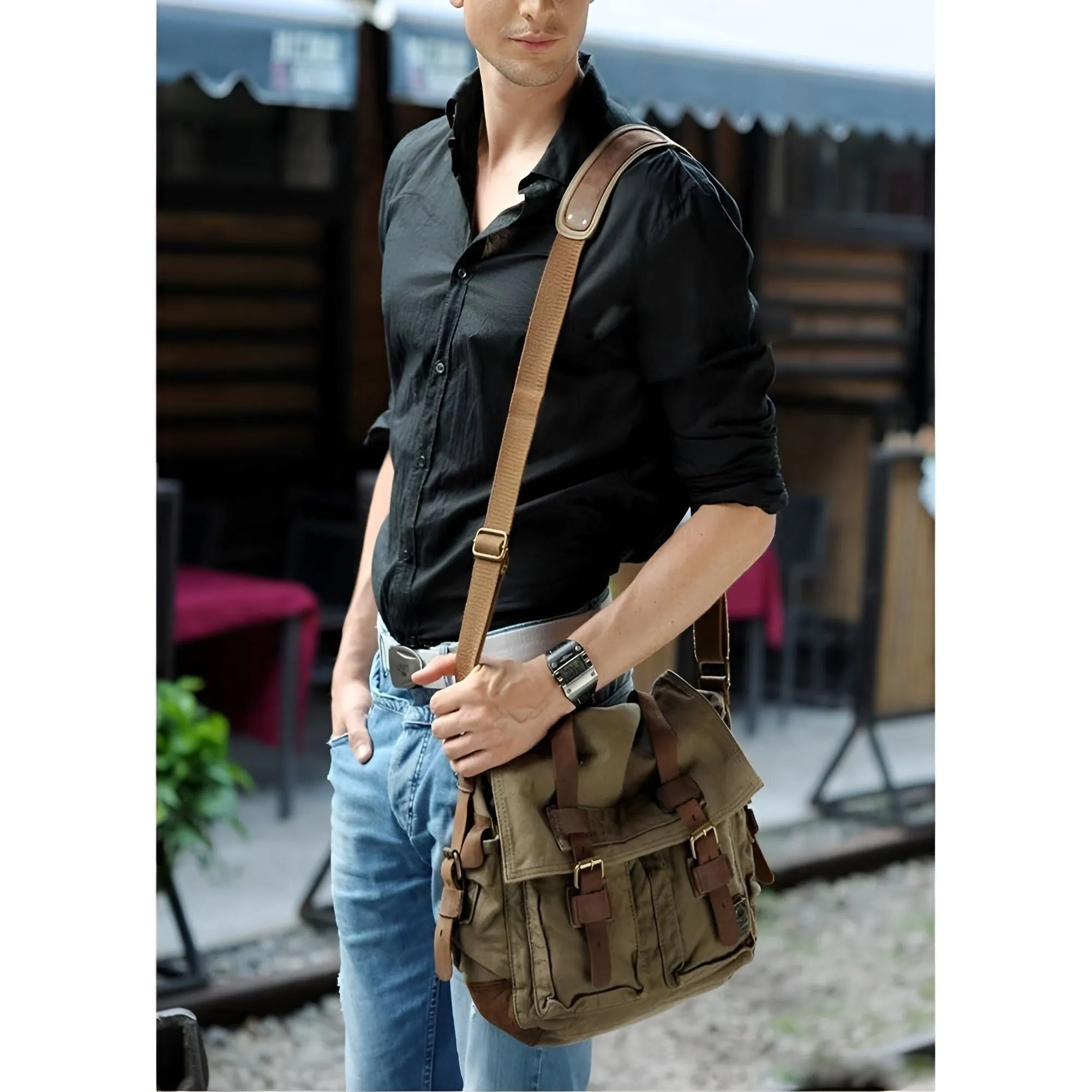 International delivery Men Michael Messenger for Canvas Leather Bag with Bag Vintage Quick resolution Accents –