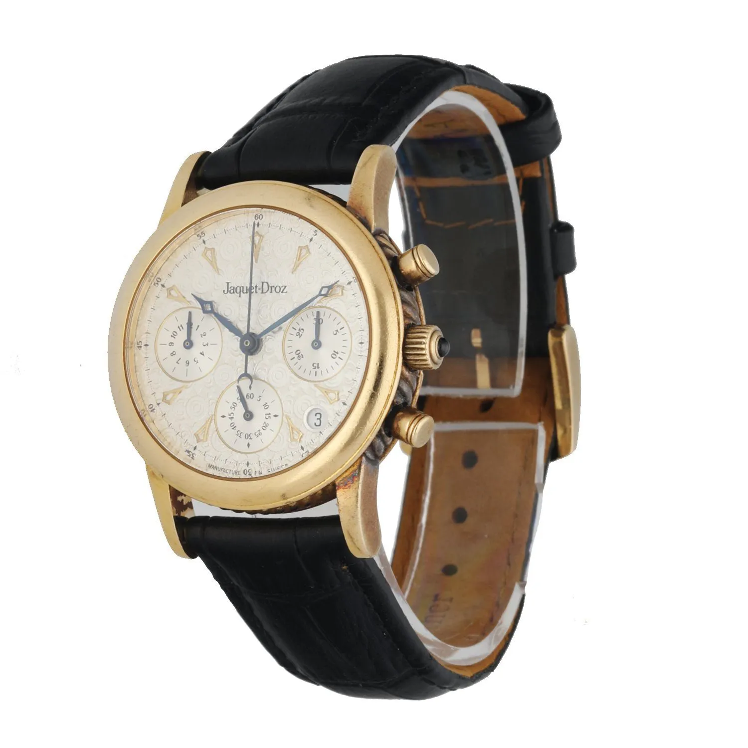 Jaquet-Droz 3350 18k Yellow Gold Silver Textured Dial Chronograph Men's Watch