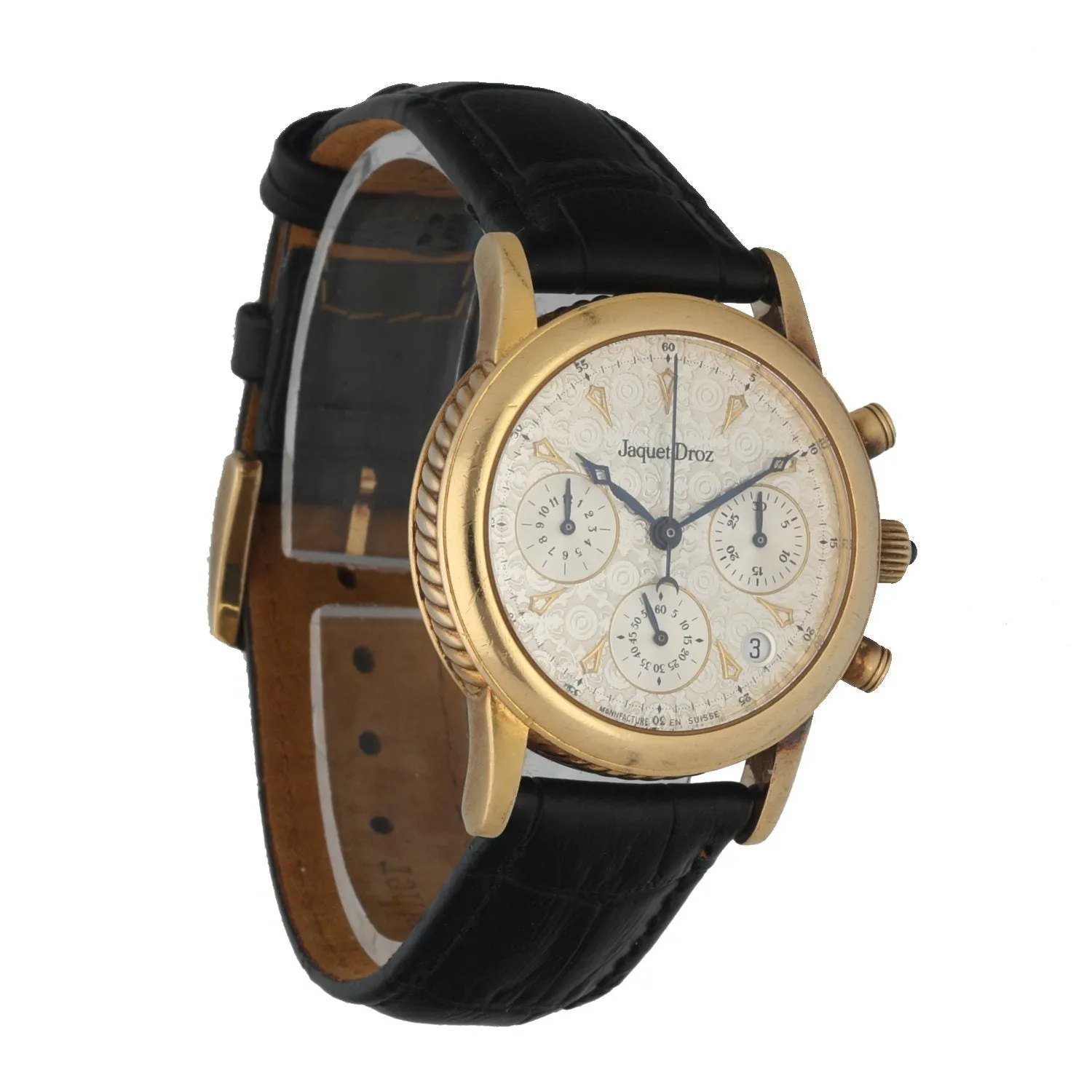 Jaquet-Droz 3350 18k Yellow Gold Silver Textured Dial Chronograph Men's Watch