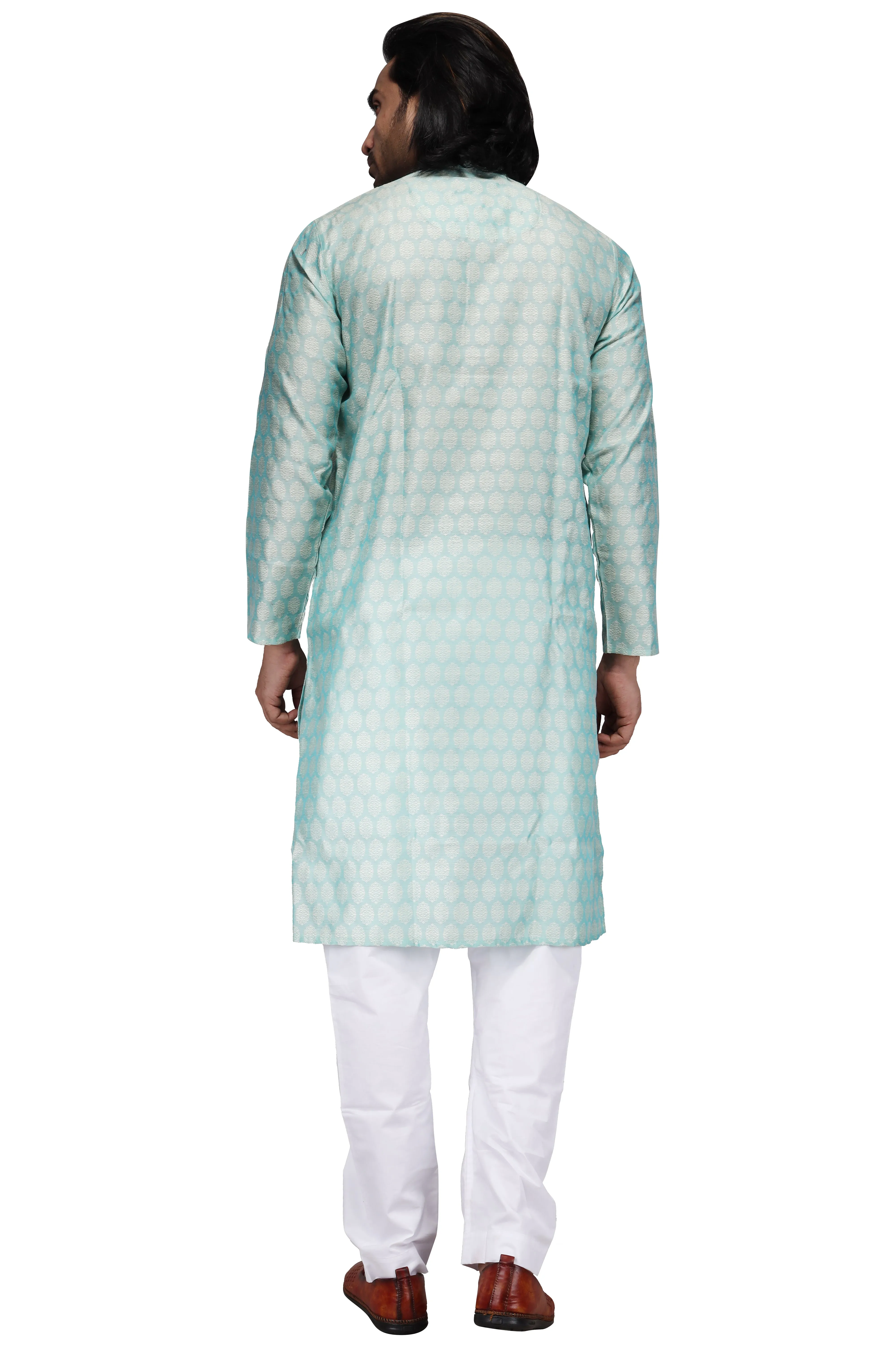 Klassic Men's Cotton Silk Blend Sky blue Regular Fit Kurta with Floral Neck Detailing