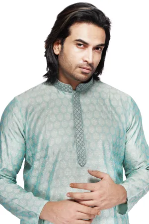 Klassic Men's Cotton Silk Blend Sky blue Regular Fit Kurta with Floral Neck Detailing