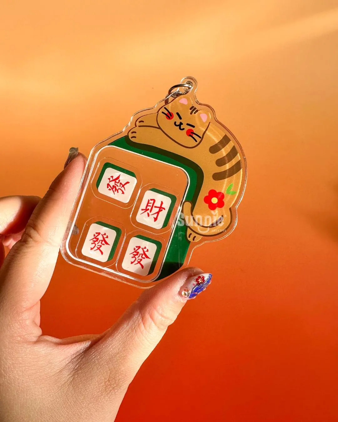 Mahjong "Get Rich" Cat Shaker Acrylic Keychain