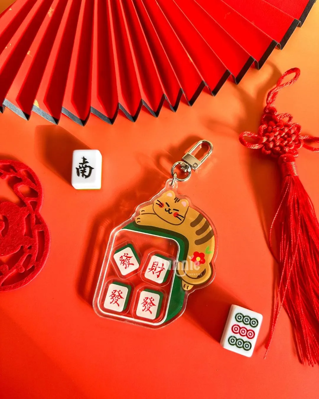 Mahjong "Get Rich" Cat Shaker Acrylic Keychain