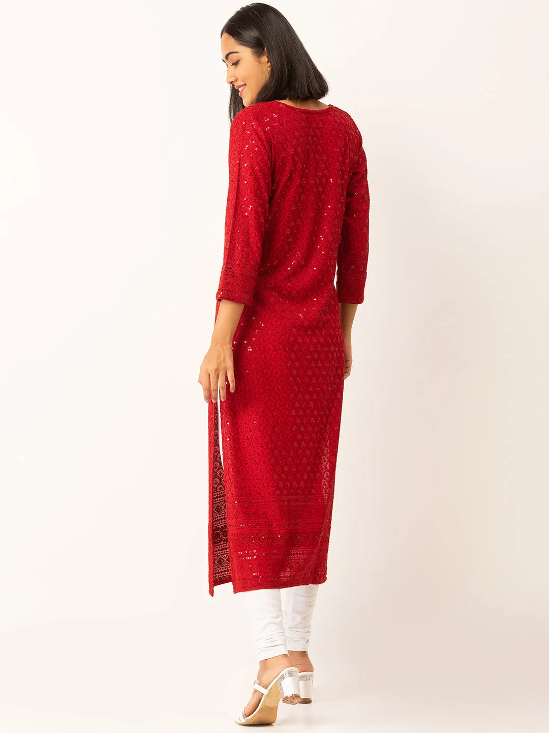 Maroon Rayon Keyhole Neck 3/4th Sleeves Chikankari Embroidery Ethnic Wear Kurta For Women - ZOLA