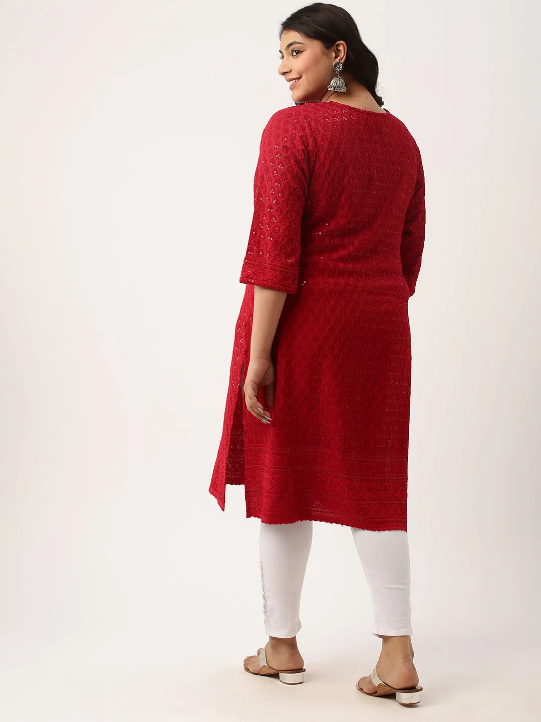 Maroon Rayon Keyhole Neck 3/4th Sleeves Chikankari Embroidery Ethnic Wear Kurta For Women - ZOLA