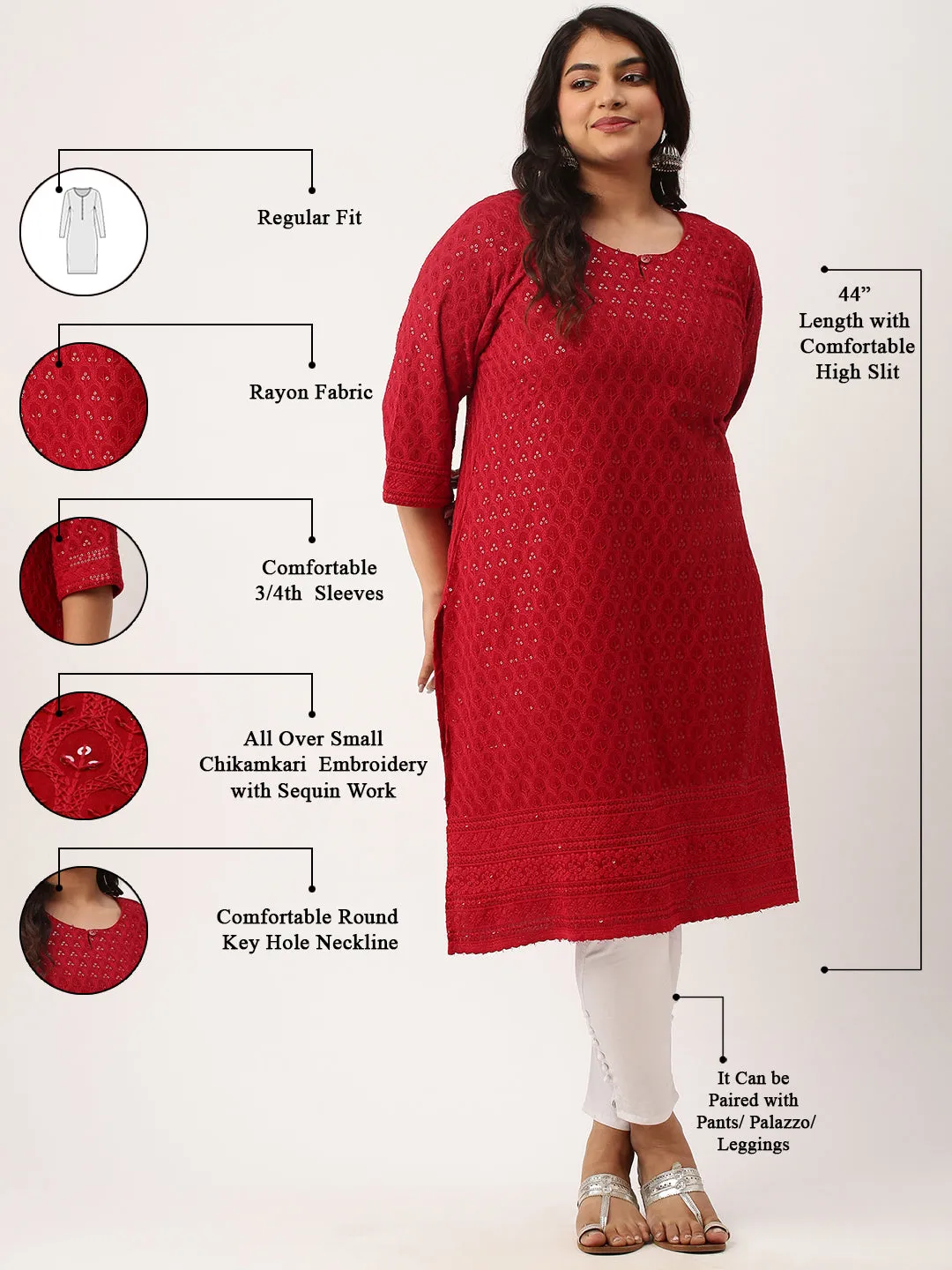Maroon Rayon Keyhole Neck 3/4th Sleeves Chikankari Embroidery Ethnic Wear Kurta For Women - ZOLA