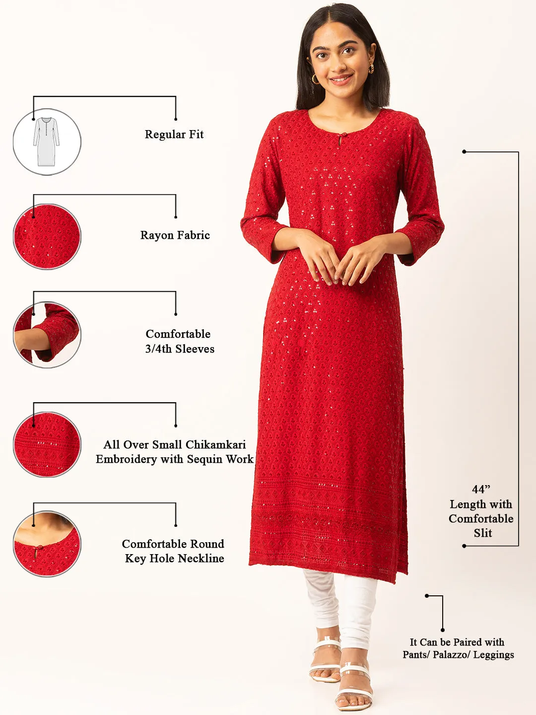 Maroon Rayon Keyhole Neck 3/4th Sleeves Chikankari Embroidery Ethnic Wear Kurta For Women - ZOLA
