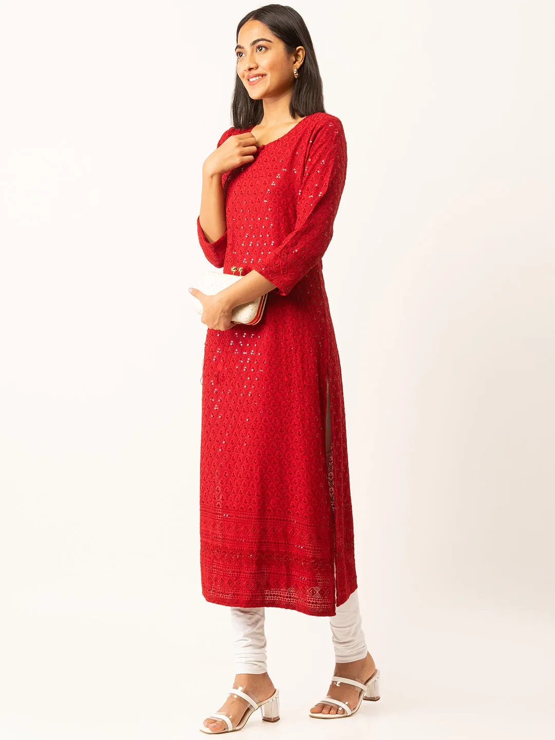 Maroon Rayon Keyhole Neck 3/4th Sleeves Chikankari Embroidery Ethnic Wear Kurta For Women - ZOLA