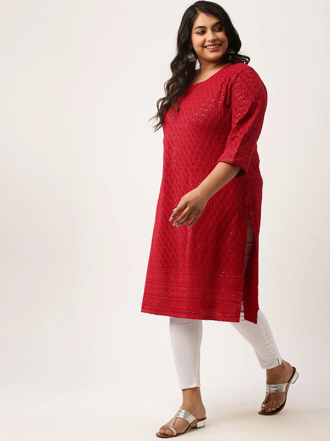 Maroon Rayon Keyhole Neck 3/4th Sleeves Chikankari Embroidery Ethnic Wear Kurta For Women - ZOLA