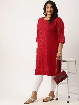 Maroon Rayon Keyhole Neck 3/4th Sleeves Chikankari Embroidery Ethnic Wear Kurta For Women - ZOLA