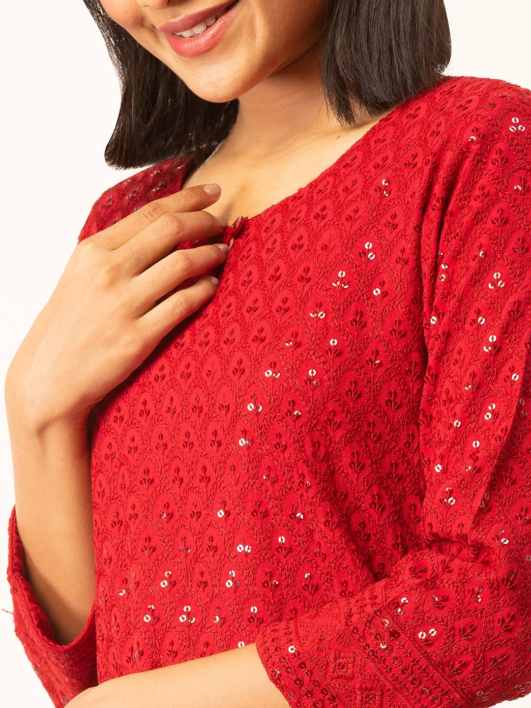 Maroon Rayon Keyhole Neck 3/4th Sleeves Chikankari Embroidery Ethnic Wear Kurta For Women - ZOLA