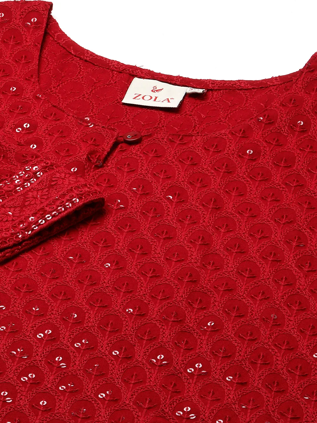 Maroon Rayon Keyhole Neck 3/4th Sleeves Chikankari Embroidery Ethnic Wear Kurta For Women - ZOLA