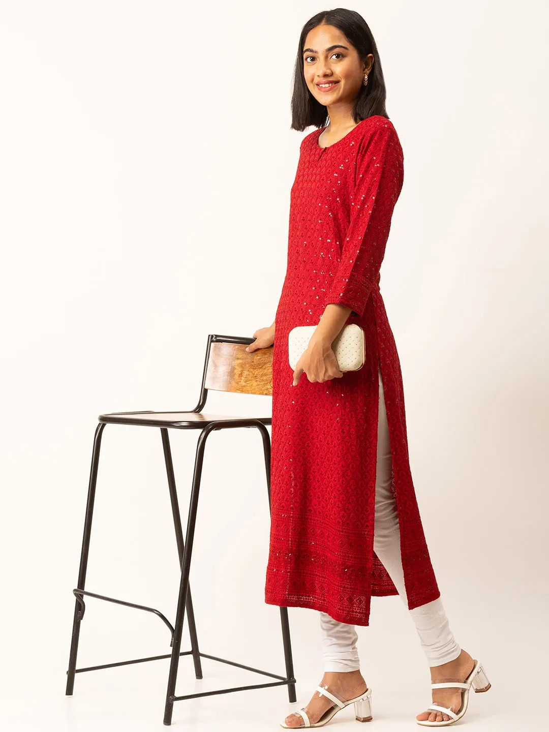 Maroon Rayon Keyhole Neck 3/4th Sleeves Chikankari Embroidery Ethnic Wear Kurta For Women - ZOLA