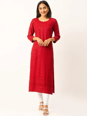 Maroon Rayon Keyhole Neck 3/4th Sleeves Chikankari Embroidery Ethnic Wear Kurta For Women - ZOLA