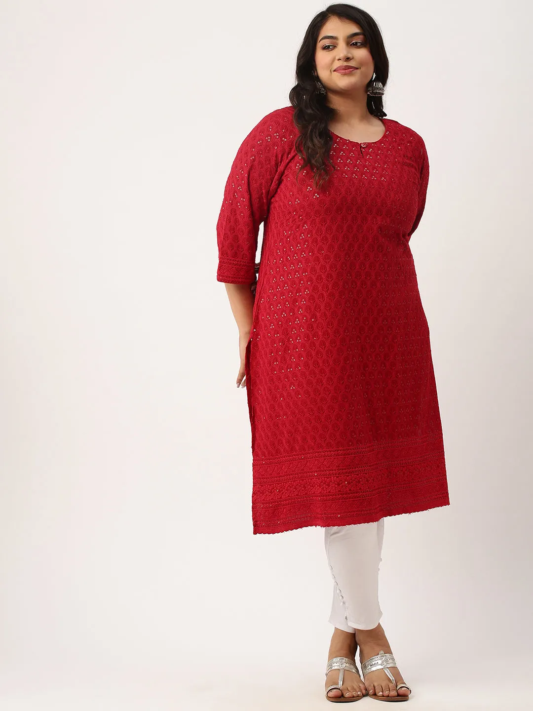 Maroon Rayon Keyhole Neck 3/4th Sleeves Chikankari Embroidery Ethnic Wear Kurta For Women - ZOLA
