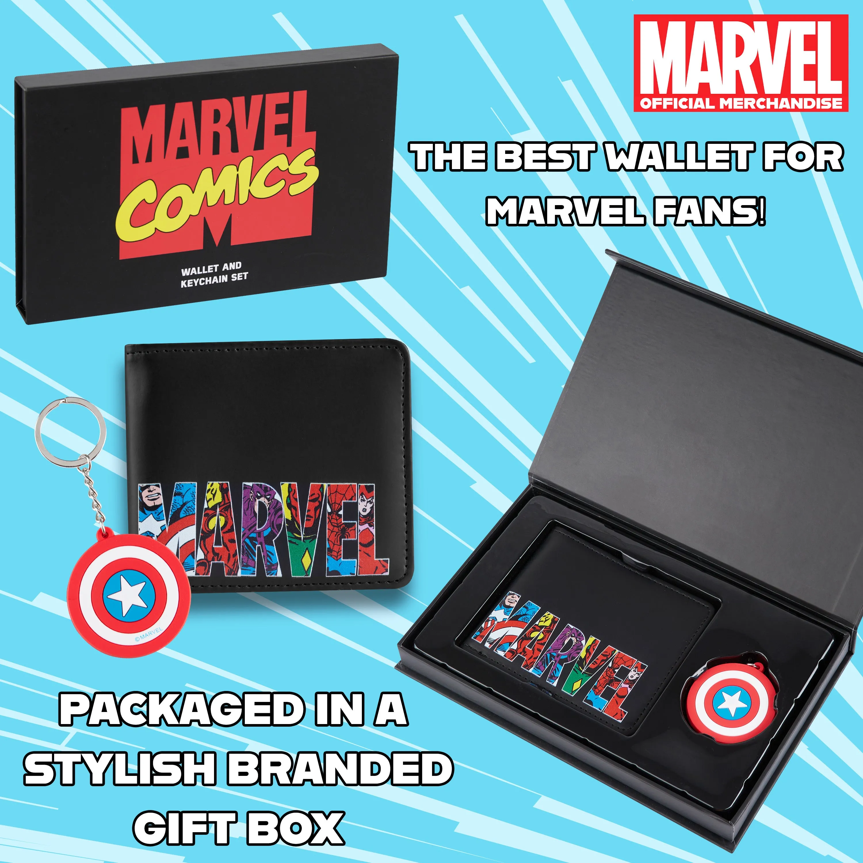 Marvel Card Wallet and Keyring Set for Men - Black Captain America