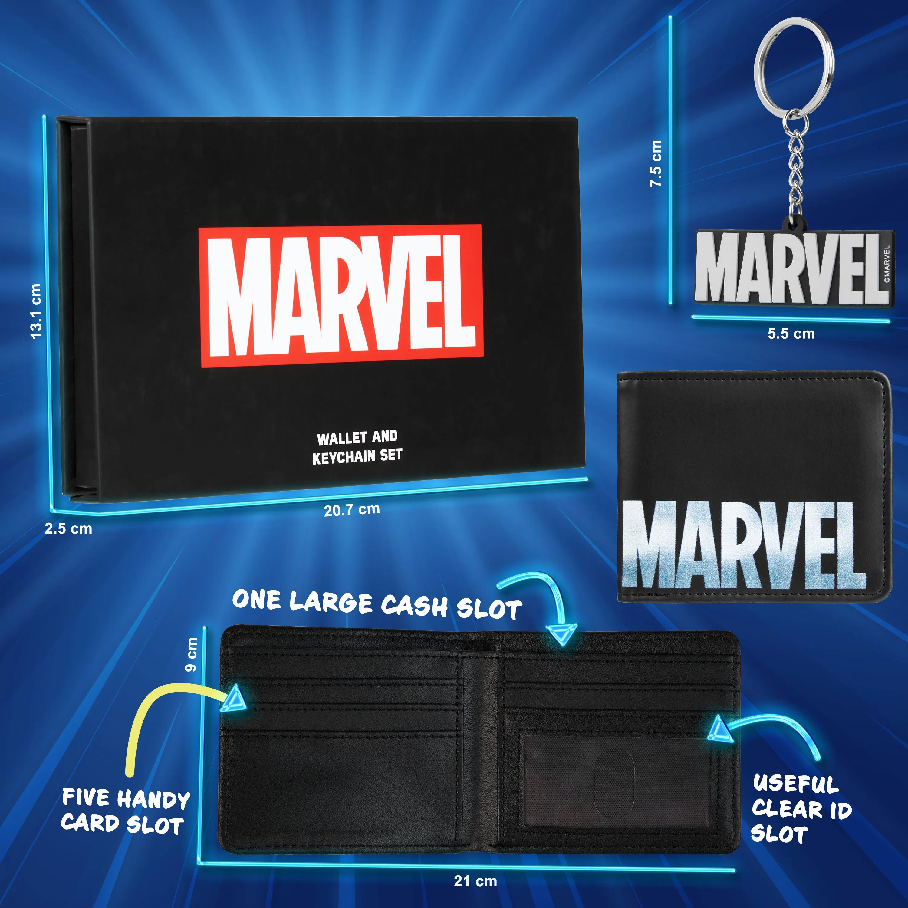 Marvel Card Wallet and Keyring Set for Men - Black Marvel