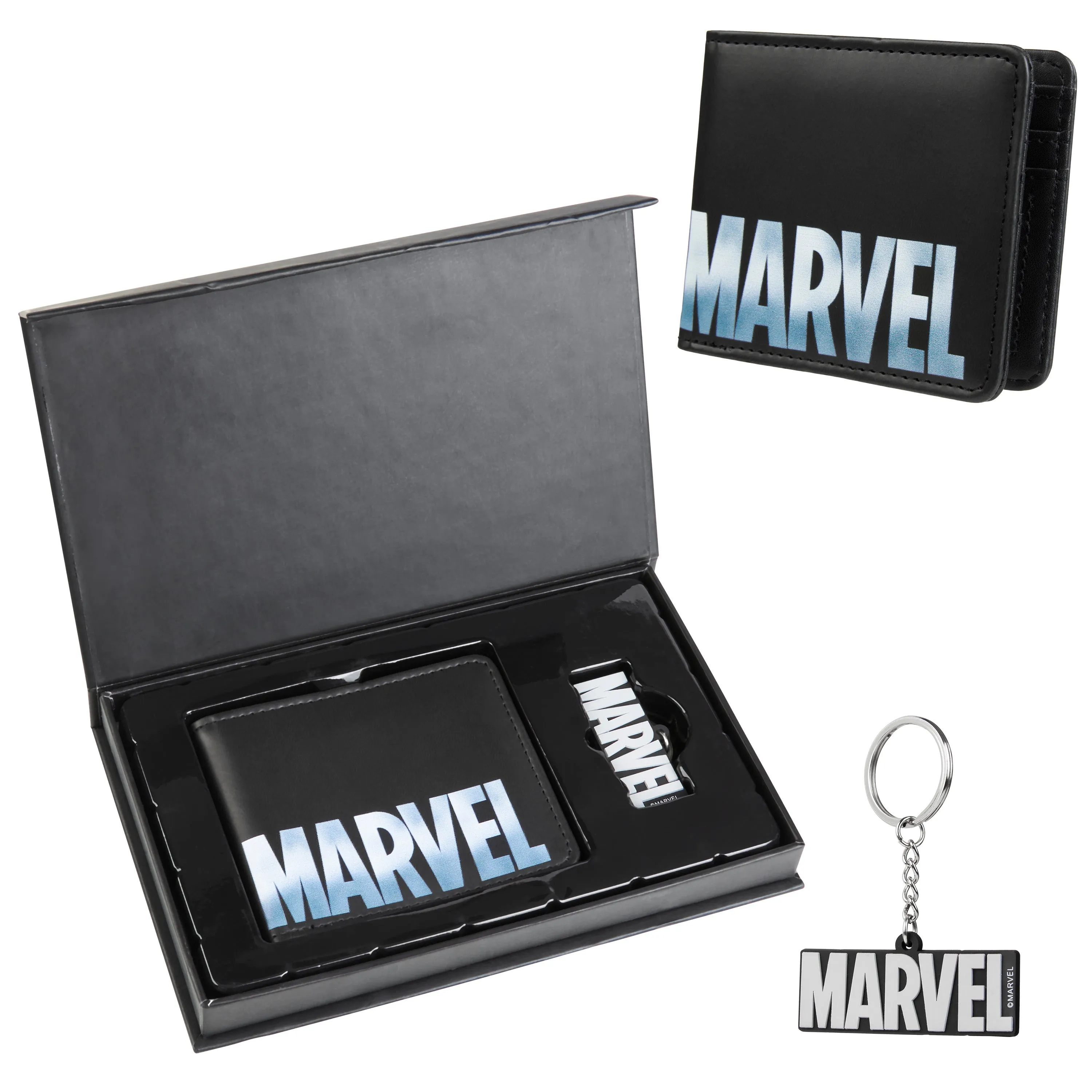Marvel Card Wallet and Keyring Set for Men - Black Marvel