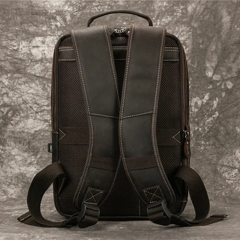 Men's Crazy Horse Leather Backpack 15.6" Laptop Daypack USB