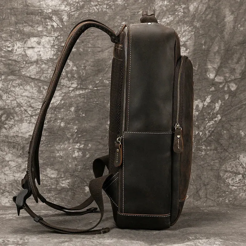 Men's Crazy Horse Leather Backpack 15.6" Laptop Daypack USB