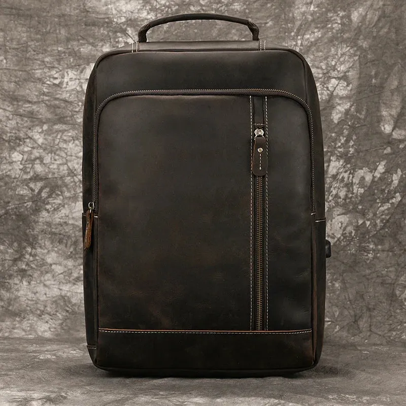 Men's Crazy Horse Leather Backpack 15.6" Laptop Daypack USB