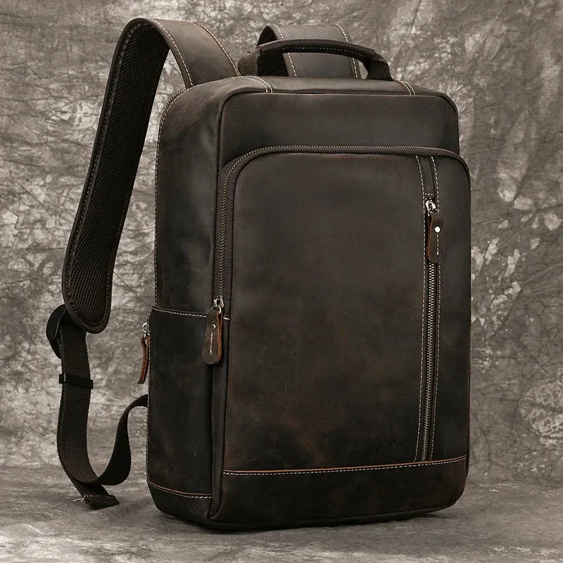 Men's Crazy Horse Leather Backpack 15.6" Laptop Daypack USB