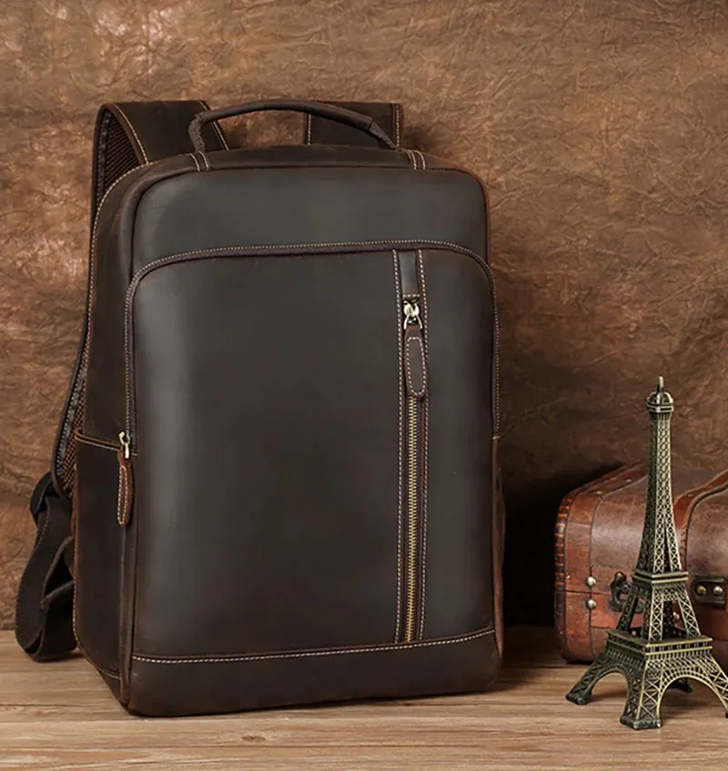 Men's Crazy Horse Leather Backpack 15.6" Laptop Daypack USB