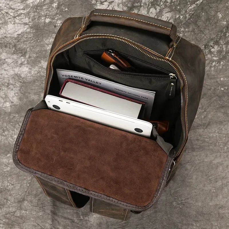 Men's Crazy Horse Leather Backpack 15.6" Laptop Daypack USB