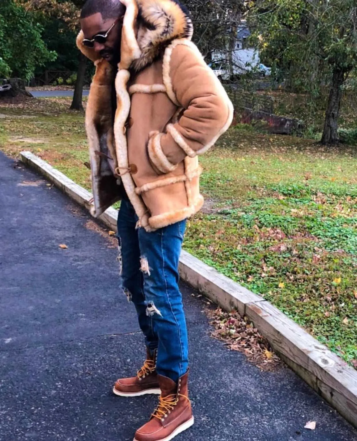Men's Custom Made Tan Suede Sheepskin Coat with Fur Hood