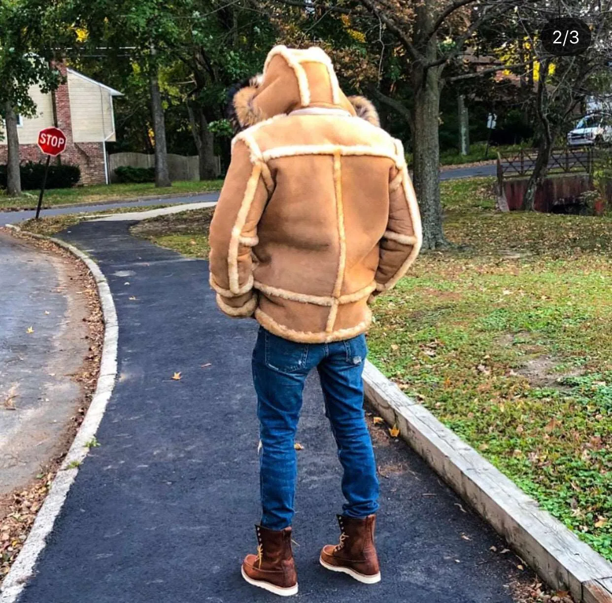 Men's Custom Made Tan Suede Sheepskin Coat with Fur Hood