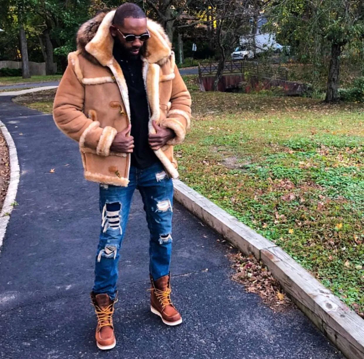 Men's Custom Made Tan Suede Sheepskin Coat with Fur Hood