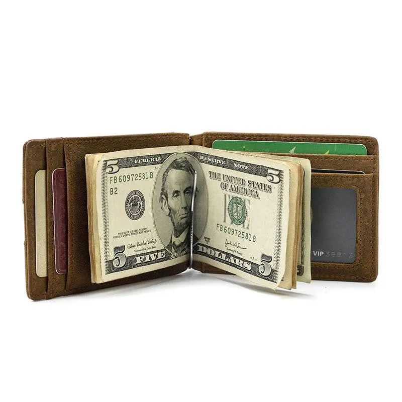 Men's Genuine Leather Clip Wallet Multi-Card Bifold Coin Wallet