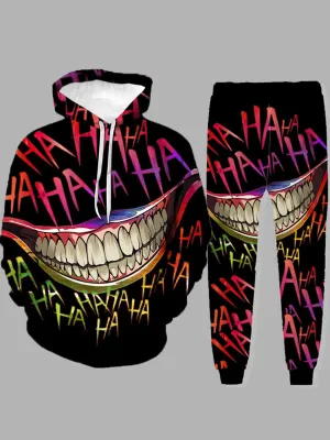 Men's Hooded Grin Printed Black Sweat Suit