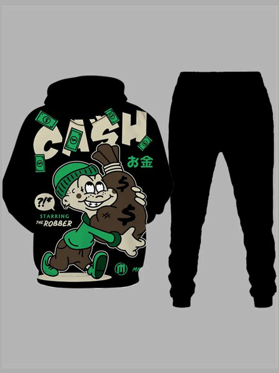 Men's Hooded Robber Printed Black/Green Sweat Suit