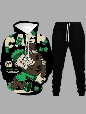 Men's Hooded Robber Printed Black/Green Sweat Suit