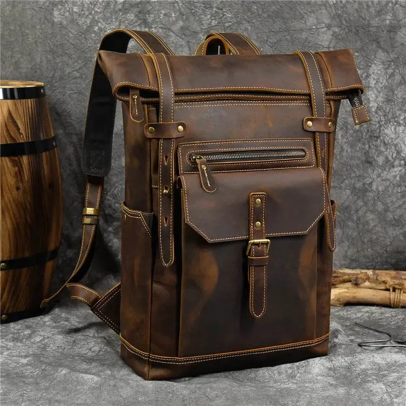 Men's Leather Backpack Retro Fashion Travel School Daypack Bag