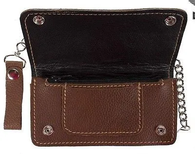 MEN'S MOTORCYCLE DARK BROWN BIKER BIFOLD LEATHER SILVER CHAIN WALLET NEW