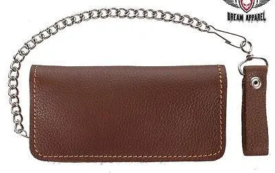 MEN'S MOTORCYCLE DARK BROWN BIKER BIFOLD LEATHER SILVER CHAIN WALLET NEW