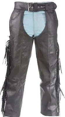 MEN'S MOTORCYCLE REMOVABLE LINER PANT BLK BRAIDED WITH FRINGES LEATHER CHAP