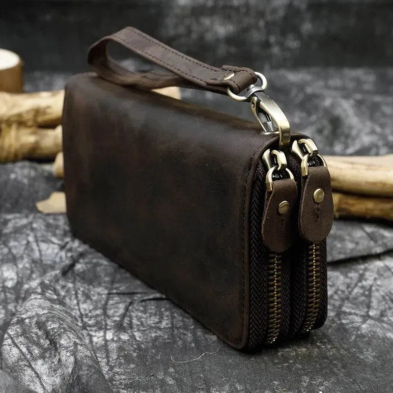 Men's Zip Long Wallet Natural Cowhide for Cards, Cash & Phone