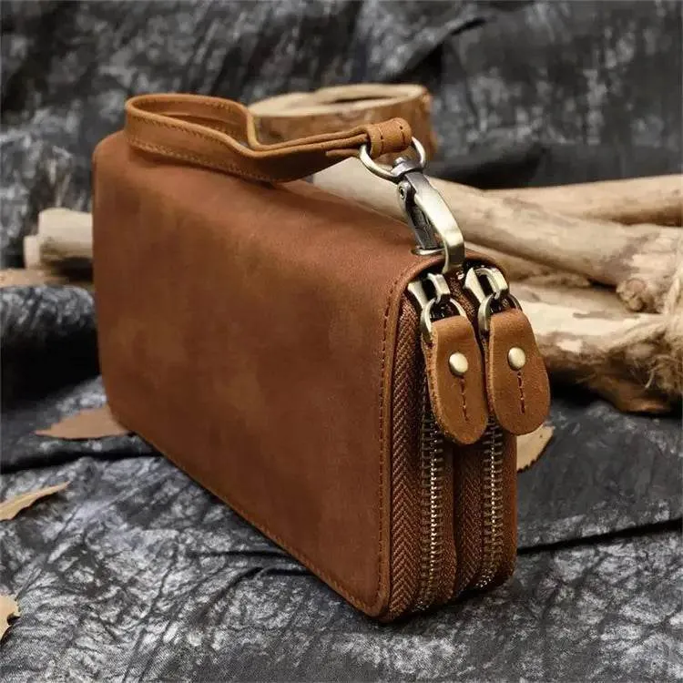 Men's Zip Long Wallet Natural Cowhide for Cards, Cash & Phone