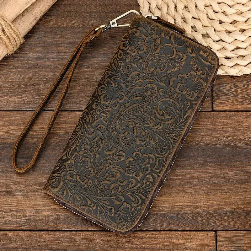 Men's Zip Long Wallet Natural Cowhide for Cards, Cash & Phone