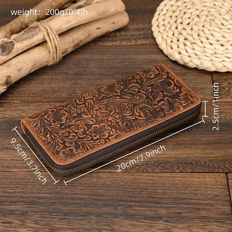 Men's Zip Long Wallet Natural Cowhide for Cards, Cash & Phone