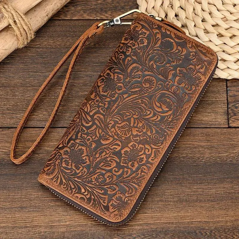 Men's Zip Long Wallet Natural Cowhide for Cards, Cash & Phone
