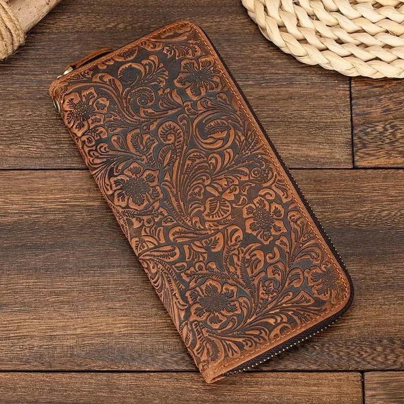 Men's Zip Long Wallet Natural Cowhide for Cards, Cash & Phone