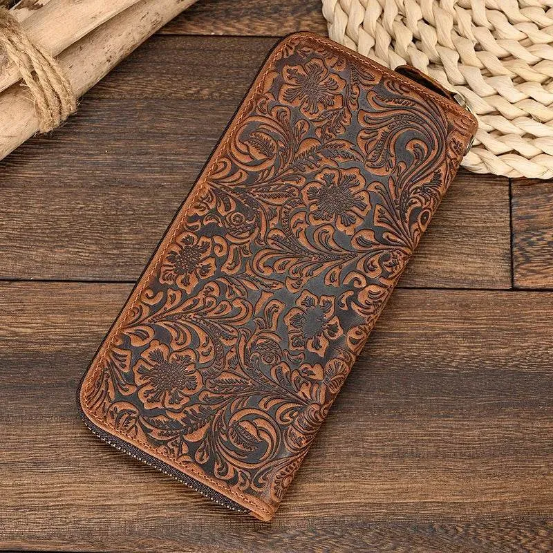 Men's Zip Long Wallet Natural Cowhide for Cards, Cash & Phone