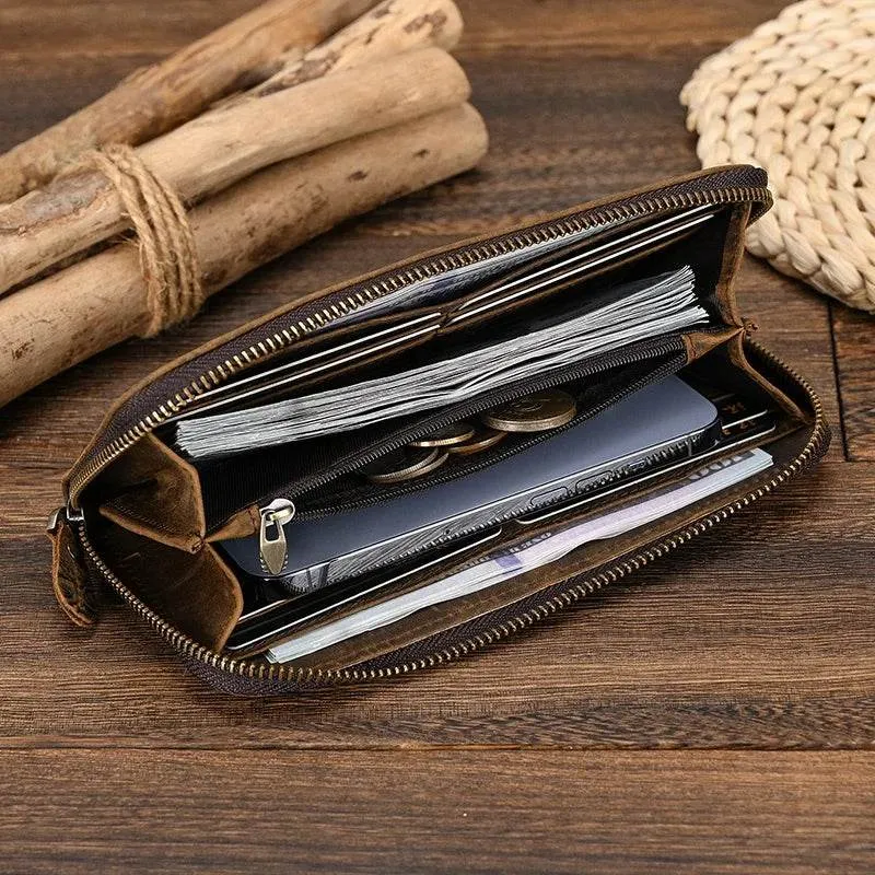 Men's Zip Long Wallet Natural Cowhide for Cards, Cash & Phone